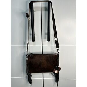 Montana‎ West Fringe Brown Cowhide Leather Crossbody Purse Wrislet NWT